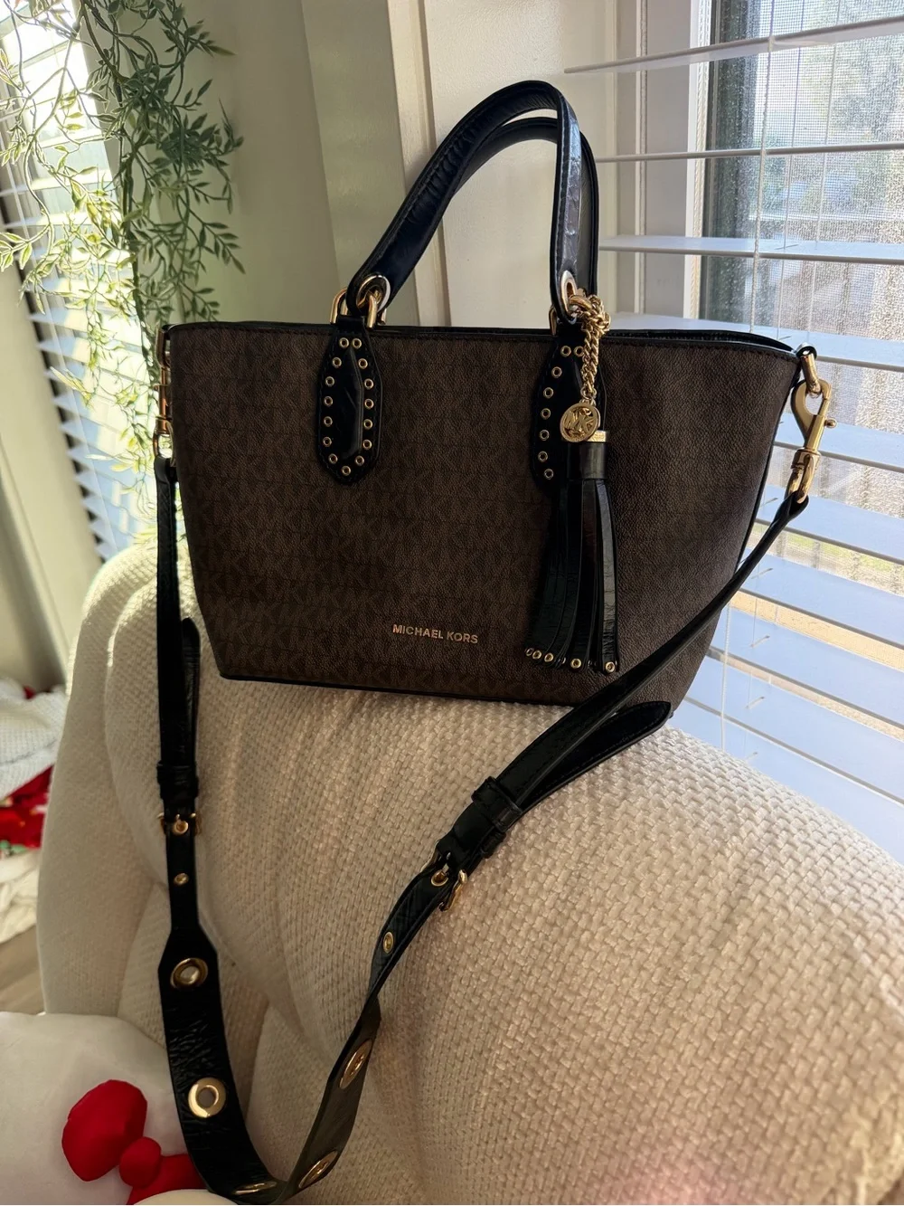 Michael Kors Brown Logo Satchel with Black Trim and Gold Hardware